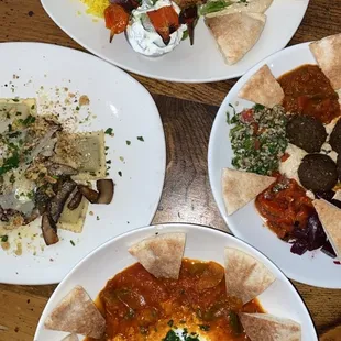 Combination platter with falafel  Shashuka Mushroom ravioli