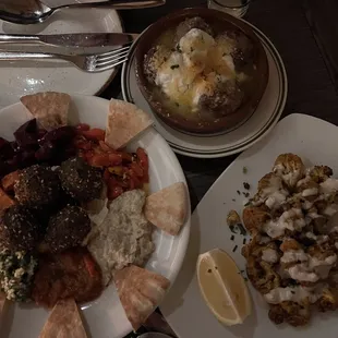 Combination Platter (left), Baked Meatballs (top), and Roasted Cauliflower (right)
