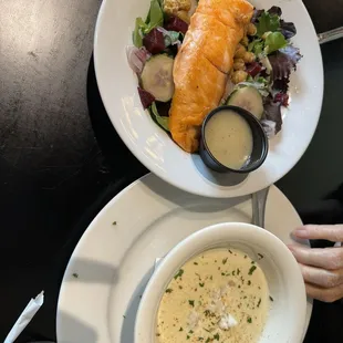 Salmon and beet salad, cream of crab soup.