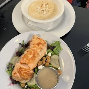 Salmon with beet salad and cream of crab soup