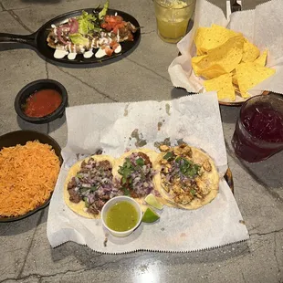 Street Tacos, chips and salsa,  and Huaraches