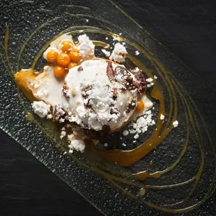 Palolo Poha Berry encrusted with Ulu flour tort and Maui rum caramel, Hawaii Fresh icecream.