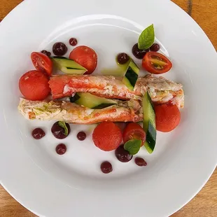 Summer Crab with tomato, pickled cucumber and hibiscus gel