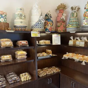 a display of cakes and pastries