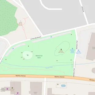 Map noting the locations of various amenities around and within Memorial Park