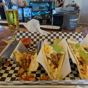 Fish, shrimp and chicken basil tacos. Their tacos creation is amazing and delicious. Highly recommend them.