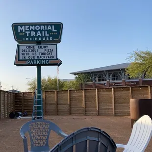 chairs and a sign