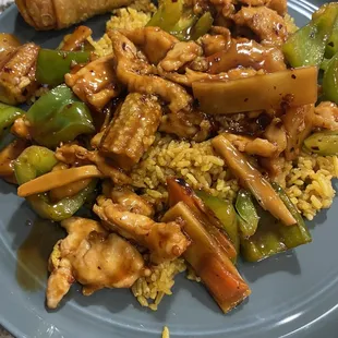 Hunan chicken with egg roll
