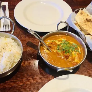 Rice, Butter Chicken, Naan