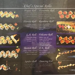 a menu for a special roll