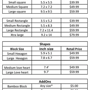 Price and size list