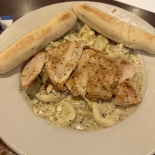 Cheese tortellini with white sauce and chicken. So, so good!!