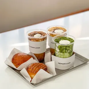 Einspanner latte ($7) Matcha einspanner ($7.50) Mocha latte ($6.50) Creme brulee and matcha brulee donut ($8 each)
