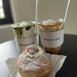 Matcha einspanner, einspanner latte, strawberry cream donut