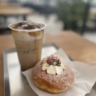 Einspanner Latte and a strawberry donut