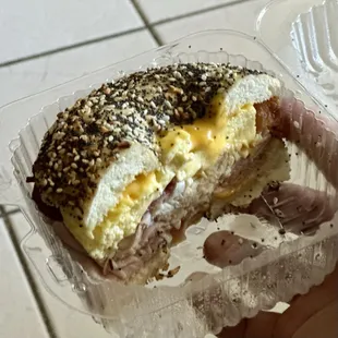 The Works Breakfast sandwich on an Everything bagel.