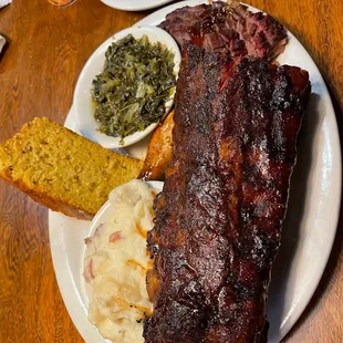 Baby Back Ribs Platter, Brisket, mashed potatoes, Greens