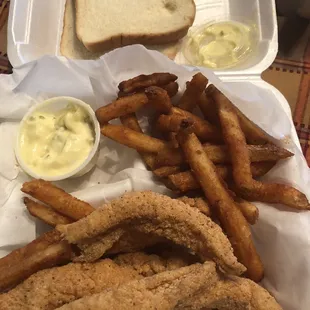 5 piece catfish , fries , tarter sauce .