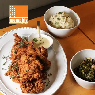 Freid Chicken Family Meal with Mashed Potatoes and Collard Greens. All Available to Go