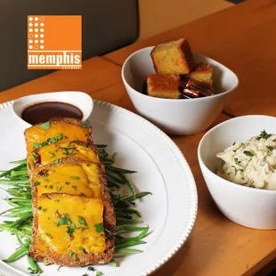 Southern Angus Meatloaf Family Meal with Mashed Potatoes and Corn Bread.