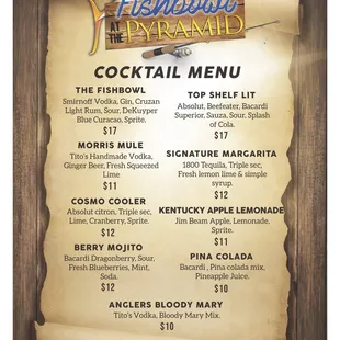 Fishbowl at the Pyramid Cocktail Menu