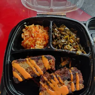 Bulgogi meatloaf with ramen and cheese and kollard greens