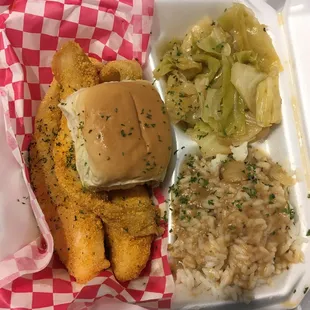 2 pc fried fish with sides of rice and homemade brown gravy and cabbage. $12.50