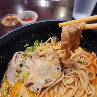 Tokushima Ramen, with pork chashu, as well as stir fried pork belly.