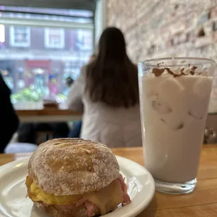 Ham and egg sandwich with iced chai latte