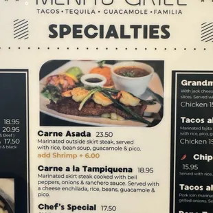 Carne Asada menu