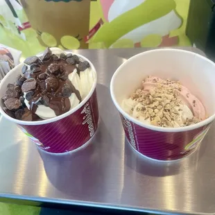 Over $18 for these 2 cups. But staff is very nice so we only get froyo at Menchie&apos;s