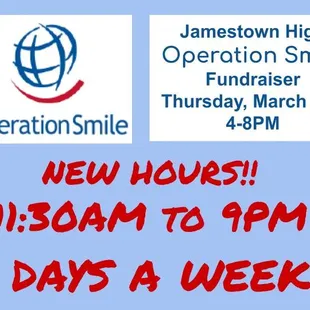 Support Jamestown High students raising money for Operation Smile tomorrow, Thursday, March 1 from 4-8pm.
