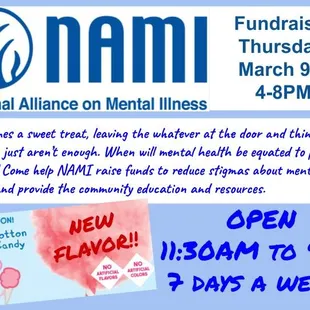 Come support National Alliance on Mental Illness-Williamsburg this coming Thursday, March 9th, 4-8PM. NEW flavor--PEPPA PIG COTTON CANDY!!!
