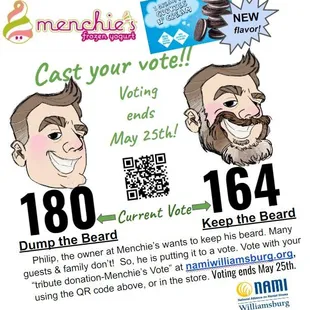 The Beard Vote to benefit the National Alliance on Mental Illness-Williamsburg is close. Vote lasts til May 25th. NEW flavor-cookies n cream