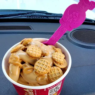 Different angle of the peanut butter yogurt with Nutter Butter minis and Reese&apos;s pb sauce.
