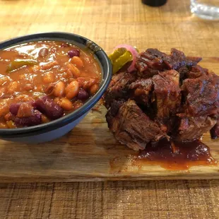 Burnt ends with side of baked beans