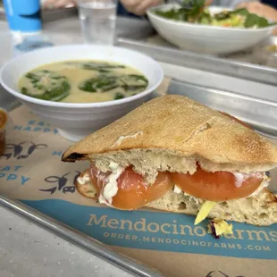 Half not so fried chicken sandwich and Greek lemon soup