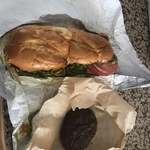 1) Peruvian Steak Sandwich on a toasted potato roll w/avocado 2) Flourless Chocolate Bomb Cookie