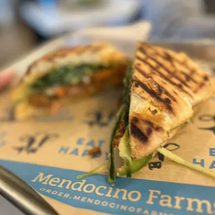 a grilled sandwich on a tray