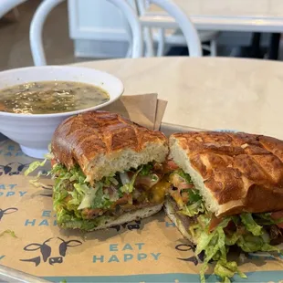 Peruvian Steak Sandwich with a cup of Turkey Sausage &amp; Kale soup