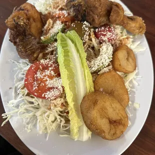Enchiladas and fried chicken