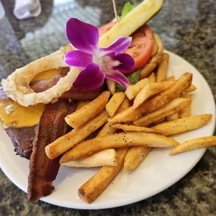 Waimea burger, plenty of fries, crispy bacon and juicy burger!