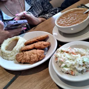 Chicken Strips real Mashed Potatoes, Barley Soup and Coleslaw