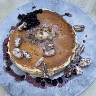 huckleberry pancakes, really good (pecans were a bit over sweet)