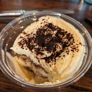 Tiramisu ($9) - 3 stars. Fine, a little small (a single serving cake that comes in a plastic cup). Fri dinner 2024-04-12