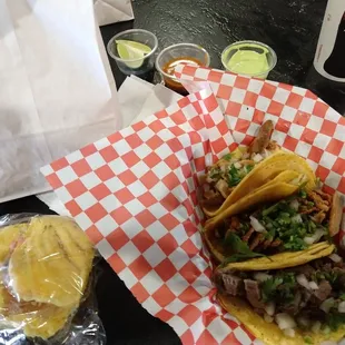 Street tacos - Pollo, Al pastor, and carne asada.