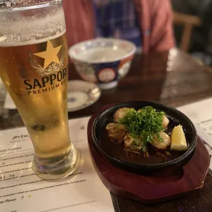 Buttered scallops and a Sapporo to wash it down.  Delish!