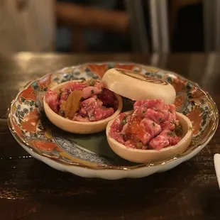 wagyu beef tartare has a kick with wasabi. Cracker vessels are edible too