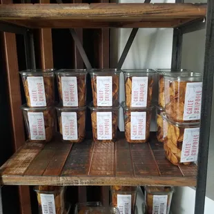 a shelf of food items