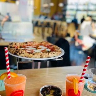 Margherita Pizza, Warm Olives, and Frozen Bubbly Spritz